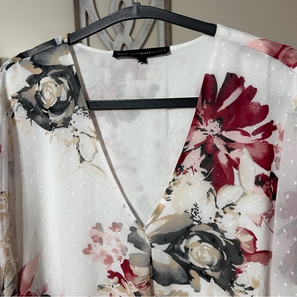 WHBM 14 Peasant Blouse V Neck Floral Long Sleeve White Black Red Tan - Picture 3 of 11